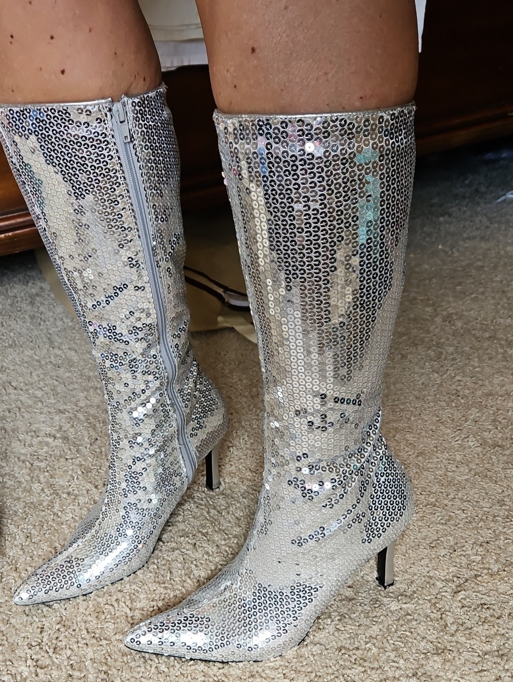 Funtasma Silver Sequin Knee-High Stiletto Boots